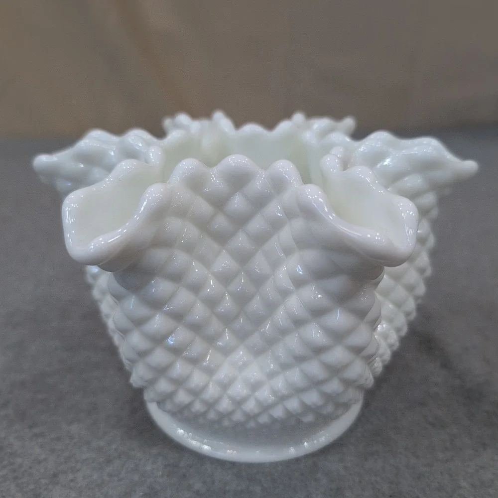 Vintage White Milk Glass Hobnail Ruffled Rim Vase Mid Century Decor